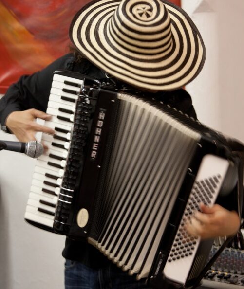 „Musiker beim Spielen des Akkordeons als Ausdruck traditioneller Volksmusik.“